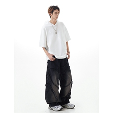 设计感斜裁拼接连帽短袖潮牌宽松小众解构休闲上衣HY736TP38，男装T恤，电商A102B
