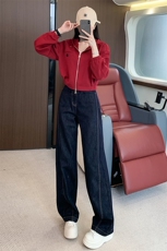 酒红色短款连帽卫衣阔腿牛仔裤两件套，女装套装/套裙，江南