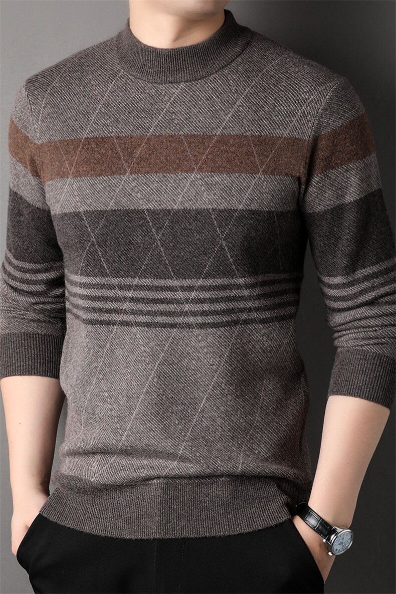羊毛中高端男士宽条纹半高领毛衣羊毛衫针织打底衫,男装T恤,钱塘207-1