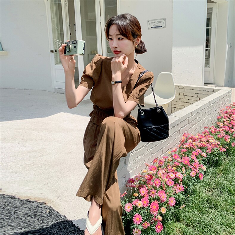 休闲时尚套装女2025夏季新款泡泡袖短袖V领上衣阔腿裤气质两件套,女装套装/套裙,2C129