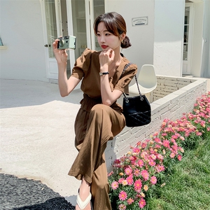 休闲时尚套装女2025夏季新款泡泡袖短袖V领上衣阔腿裤气质两件套图片