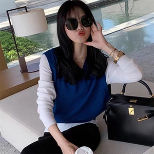 时尚百搭条纹女士宽松V领马甲 简约休闲显瘦无袖背心外套图片