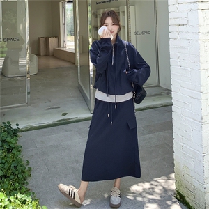 韩系学院风休闲套装裙藏青色假两件卫衣半身裙两件套女秋，女装套装/套裙，浙宝B116