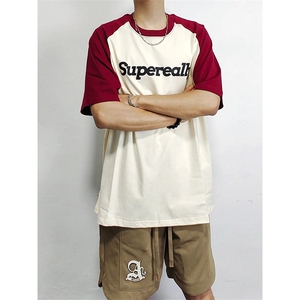 抖音得物供货240克宽松纯棉美式潮牌印花插肩袖拼接短袖T恤AT1515图片