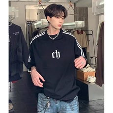 抖音得物高品质二开240克宽松纯棉美式潮牌三条杠织带短袖T恤，男装T恤，电商A486-1