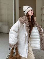 拼环保羊羔毛宽松款派克棉服可收腰--2B72--8867--P215--K298，女装派克服，乐吉娜