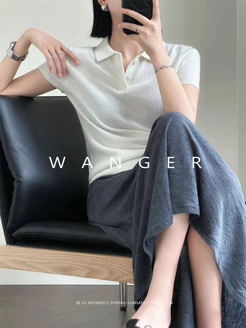 新品纯色女翻领polo衫短袖短款,女装T恤,半城羊绒