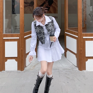 【】翻领木耳边时尚连衣裙+复古马甲套装2D148-2627-P170K278图片