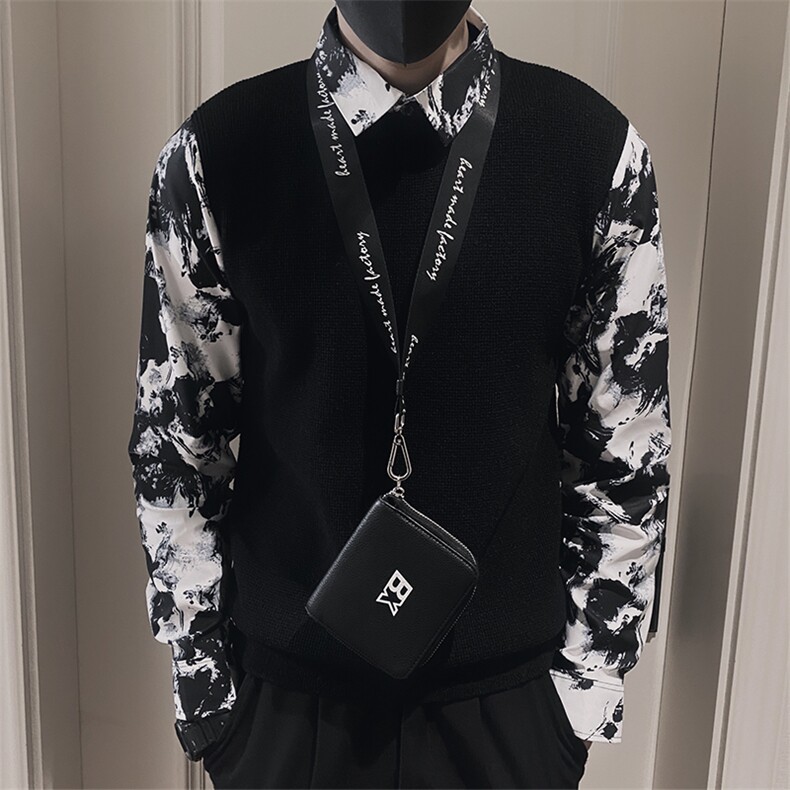 LV118/P88控118秋社会小伙衬衫领假两件印花拼接袖针织毛衣黑首2,男装针织衫/毛衣,星座305B