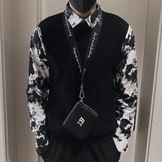 LV118/P88控118秋社会小伙衬衫领假两件印花拼接袖针织毛衣黑首2，男装针织衫/毛衣，星座305B
