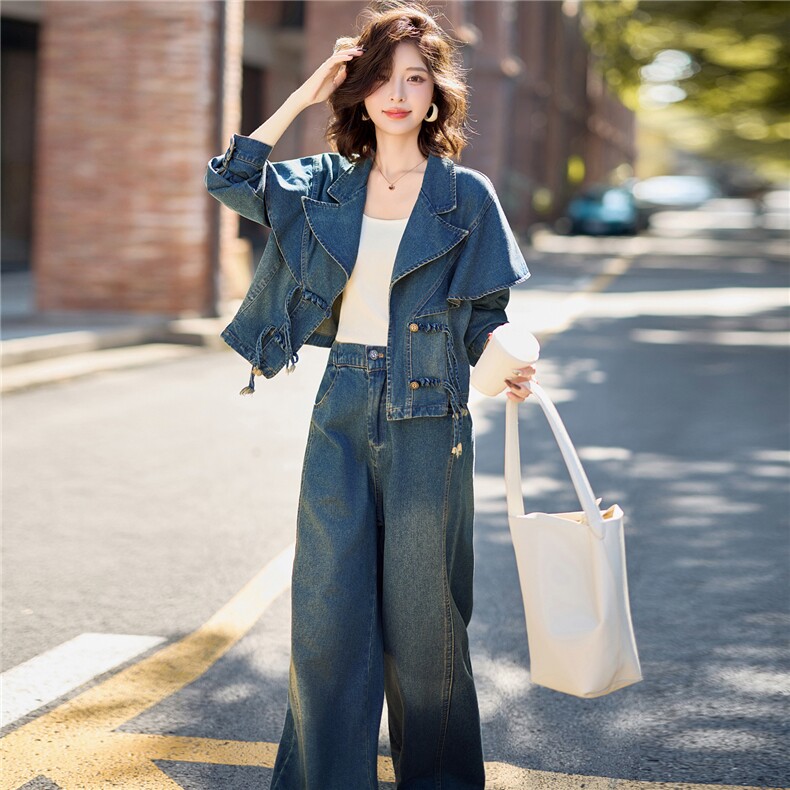 2026秋季休闲时尚翻领牛仔套装，女装套装/套裙，欣品汇