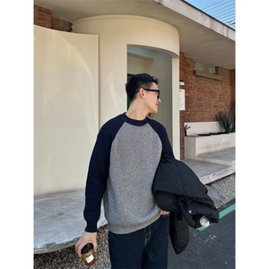 圆领毛衣男秋冬季潮牌拼色套头保暖打底衫休闲毛线加厚针织衫男款图片