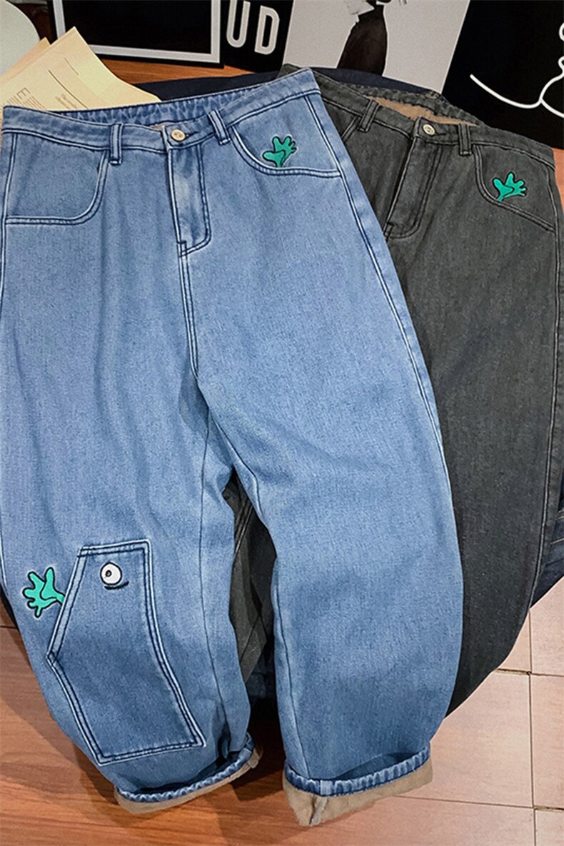 小怪兽情侣牛仔裤加绒不加绒可选可爱卡通绣花直筒裤子,男装休闲裤,电商A102B