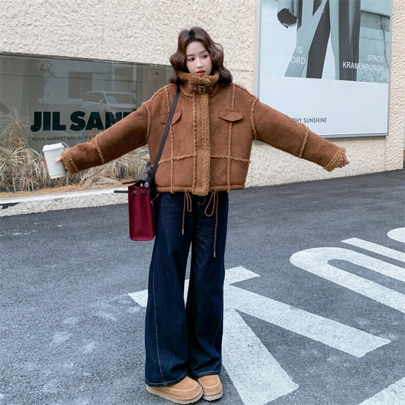 新品皮毛一体棕色羊羔毛外套2C273-1055-P185-K288,女装棉衣/棉服,2C273