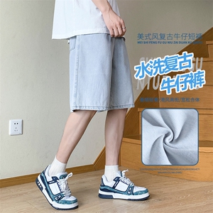 牛仔短裤男夏季薄款复古美式高街松紧腰五分裤子DK850-特批-32图片