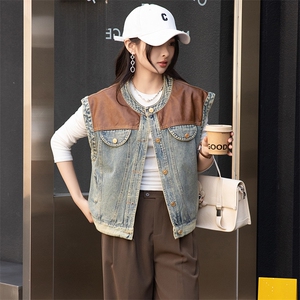 撞色拼接小众设计感十足水洗牛仔马甲女24秋季新款时尚帅气酷飒范图片