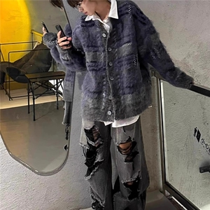 情侣开衫毛衣男秋冬款加厚撞色马海毛针织衫外套ins潮牌SW5007图片