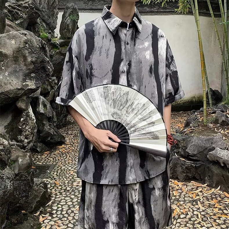 2024夏季冰丝薄款短袖衬衫短裤套装TZ13-P54,男装休闲套装,星座313A-2