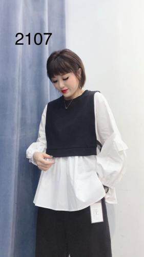 现货2021春季新款假两件上衣，女装，琼卿格