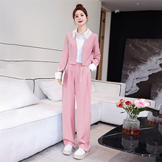 2025年新款春季法式时尚洋气拼接蕾丝翻领短外套小个子阔腿裤两件，女装套装/套裙，美静678