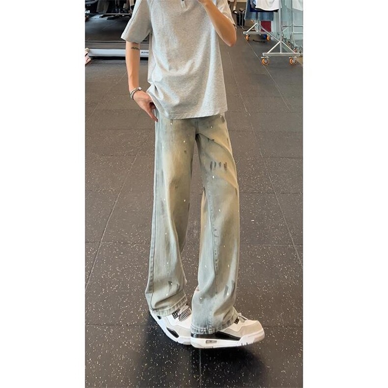 美式高街喷墨牛仔裤男款夏季设计感小众cleanfit裤子宽松直筒长裤图片