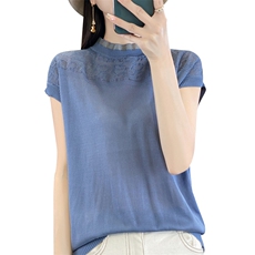 2024夏季新款天丝短袖T恤女宽松显瘦百搭半高领蕾丝拼接上衣，女装T恤，贵皇网供仓