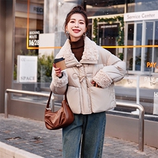 短款仿羊羔毛拼接羽绒服女2024冬季新款女装保暖外套潮！达标90绒！，女装羽绒服，慧尚依恋