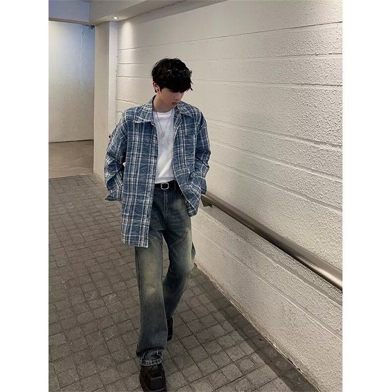 cuibuju小众做旧撞色格子慵懒风长袖衬衫街头时髦百搭衬衣男,男装衬衫,星座506A