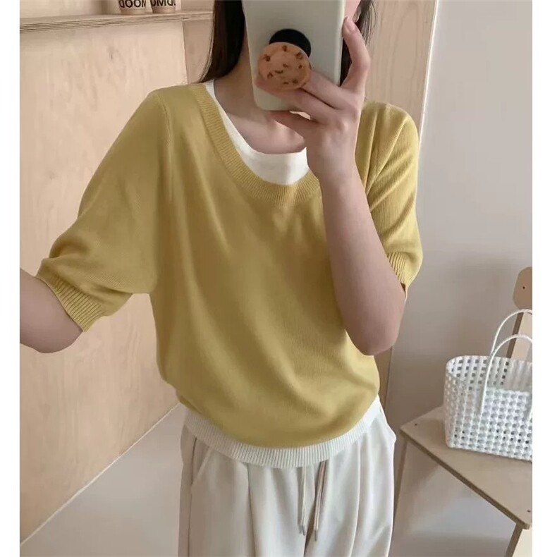 韩系东大门潮流慵懒感假俩件精纺羊毛打底短袖,女装T恤,艾米娇羊绒