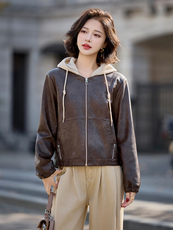 可脱卸帽子休闲皮衣外套大量现货2025春季女装新款女士皮衣HZ0602，女装皮衣，缘衣格