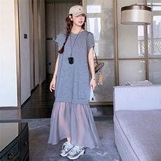 灰色针织拼接连衣裙女夏季新款设计感休闲显瘦百搭别致长裙卫衣裙，女装连衣裙，浙宝305