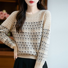 2025年秋季长袖时尚百搭通勤简约休闲嵌花撞色费尔岛，女装羊毛衫，三莲羊绒