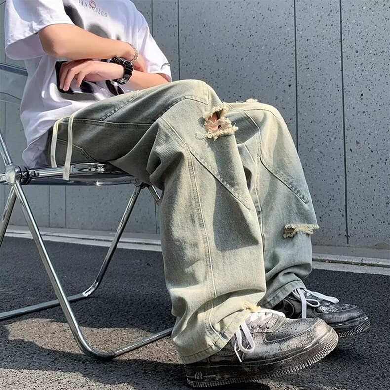 春秋浅色抽绳直筒牛仔裤男宽松长裤ins潮松紧腰潮牌高街休闲2900，男装牛仔裤，星座506