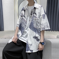 wassuphappy夏威夷短袖衬衫男夏季薄款港风痞帅宽松休闲衬衣外套，男装T恤，电商D312-1
