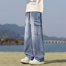 【现货】秋季新款美式复古工装口袋拼接宽松阔腿裤牛仔男816-P50，男装牛仔裤，星座1006