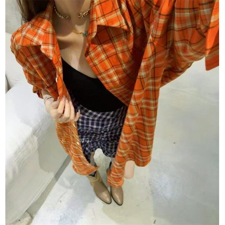 复古男女款格纹长袖衬衫小众设计感宽松休闲防晒情侣外套CS171，男装防晒衣，星座601-1