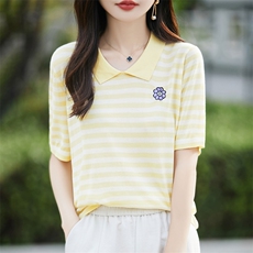 夏季新款简约时尚百搭女士天丝刺绣花朵撞色翻领短袖，女装T恤，暖烁羊绒
