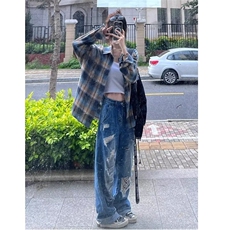 美式复古格子衬衫男春秋季长袖休闲宽松港风潮流装衬衣外套网图，男装衬衫，星座302B