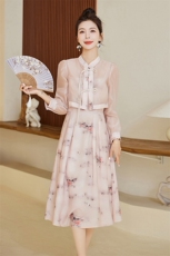 新中式风两件套装裙女夏季时尚气质盘扣上衣显瘦印花吊带连衣裙，女装连衣裙，悠米