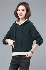 长期现货，冬季新款时尚休闲简约纯色螺纹直筒长袖加绒连帽卫衣，女装卫衣/绒衫，涵誉