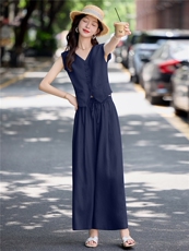 高端亚麻无袖休闲套装女2025夏季爆款小香风气质显瘦阔腿裤两件套，女装套装/套裙，E百度