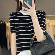 桑蚕丝圆领条纹短袖Tt恤女士2025新款薄款撞色冰丝针织上衣，女装针织衫/毛衣，大美人包芯纱店