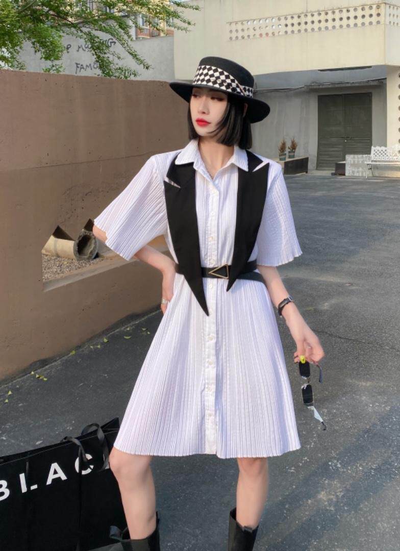 夏新款，真二件套西装领压皱连衣裙，女装西装，名莹