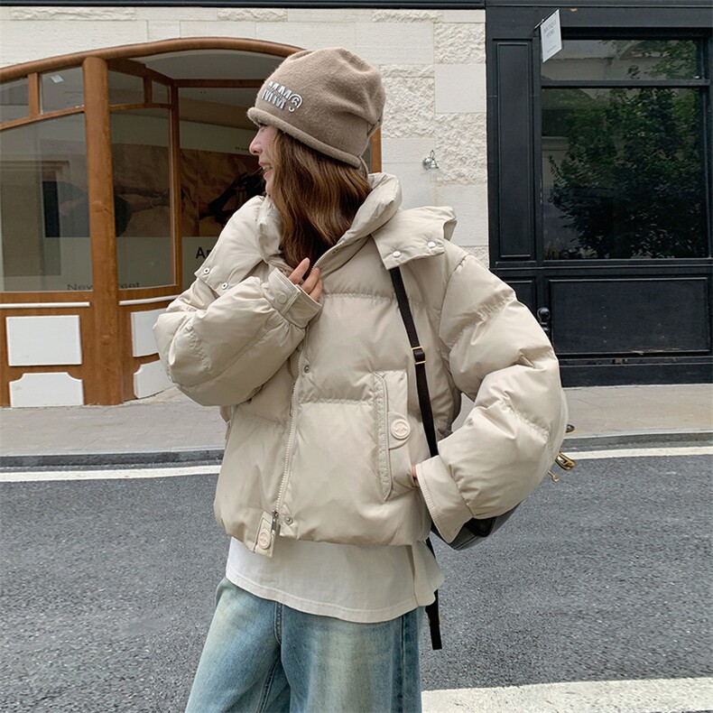 现货新款韩版宽松立领撞色格子袖口羽绒服短款外套百搭洋气,女装羽绒服,网红馆