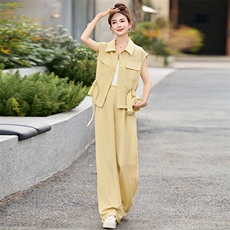 黄色绝美休闲套装裤女2025夏季新款系带收腰衬衫工装阔腿裤两件套，女装套装/套裙，众宇琦