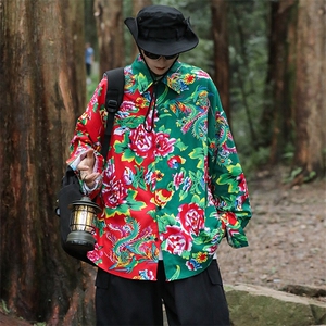 PC203春装休闲东北大花拼接长袖衬衫外套男女宽松寸衣汉服演出服图片