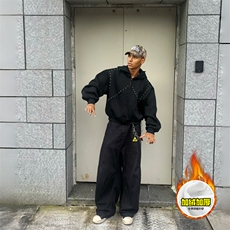 480G重磅加绒硬挺boxy男女美式高街卫衣铆钉杜宾犬耳朵开衫厚外套，女装短外套，电商A486-1