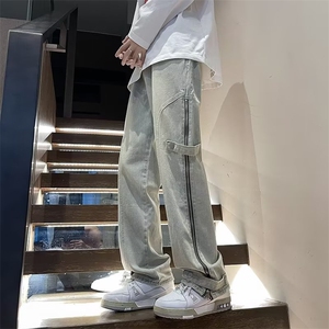 美式高街搭扣拉链牛仔裤水洗痞帅开叉裤N8033-P63图片