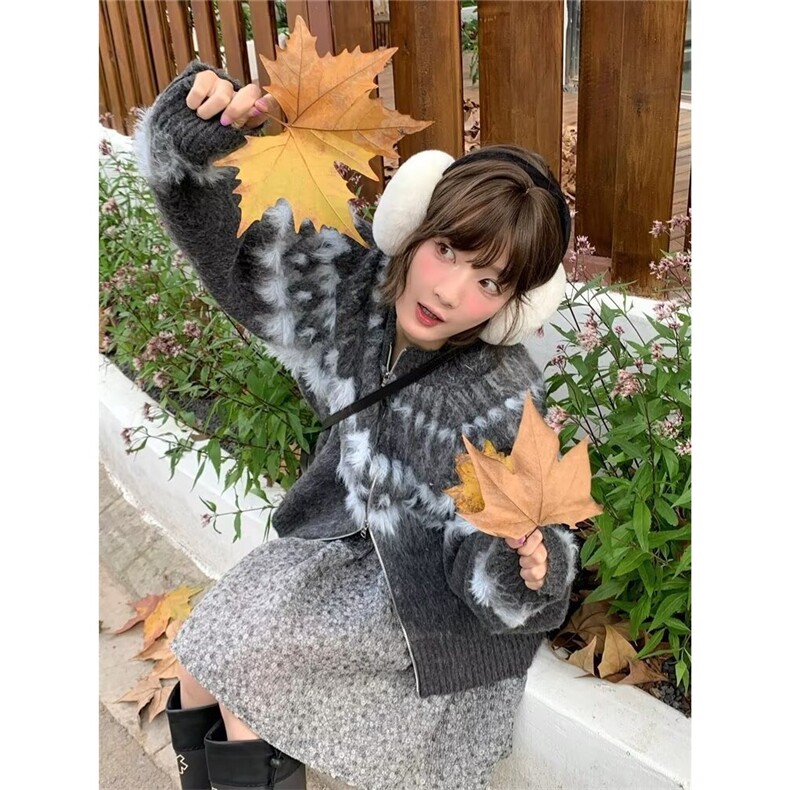 费尔岛提花毛衣开衫女拉链外套设计感百花绒提貂毛针织上衣MS59,男装针织衫/毛衣,星座516A
