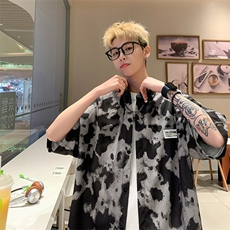 夏季宽松高级感垂感短袖衬衫男潮流痞帅水墨免烫衬衣潮A2223-P35，男装T恤，星座208-5